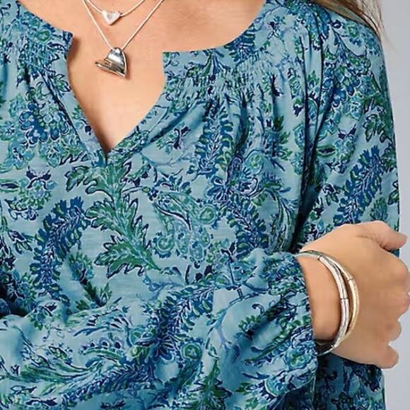 J.Jill $69 XL Blue Lagoon Teal Floral Printed Smocked Cotton Tencel Modal Top - Picture 4 of 11